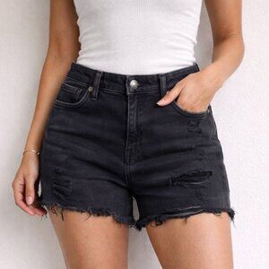 Aerie Black Pull On Shorts Size Large Stretch Denim Raw Hem Casual